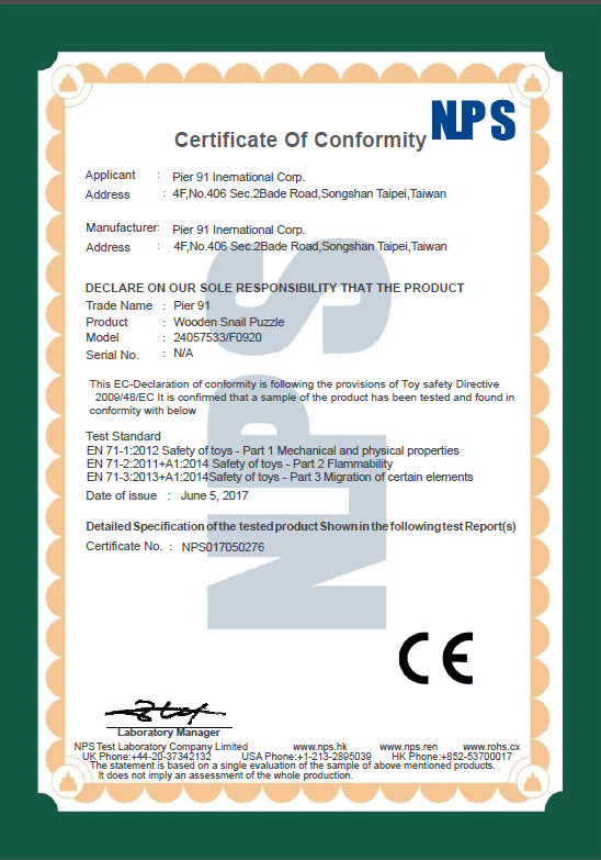China Pier 91 International Corporation Certificaten